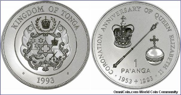 Coronation regalia, St. Edward's Crown, the Royal Sceptre, and the Orb of England on the reverse of this silver proof 1 Pa'anga crown for the 40th anniversary of the Coronation.