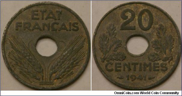 20 centimes, WW II occupied France
(Zn?), 24 mm.