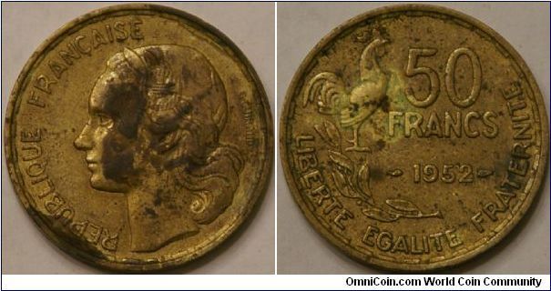 50 Francs, with bird (rooster). Al-bronze, 27 mm.