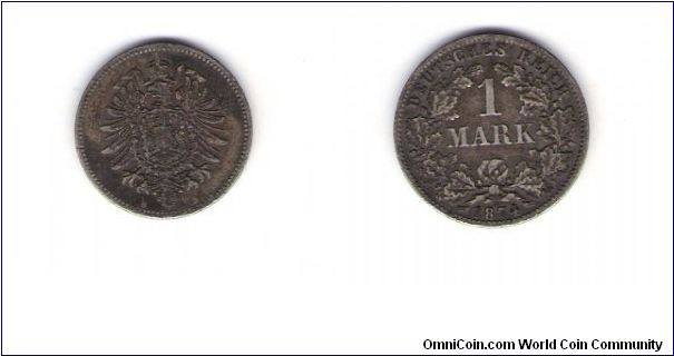 Germany      (Empire)
1874(B) 1 Mark
B= Hannover mint
Kaiser Willhem 1
KM#7
.1606 OZ./.900
silver
2.672 minted