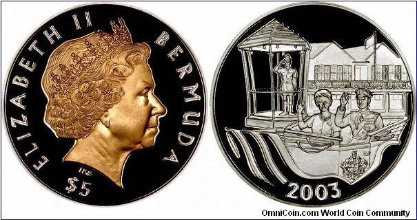 Royal Visit to Bermuda commemorated on reverse of silver proof $5 with ive gold plating on the obverse. Queen's Golden Jubilee collection.