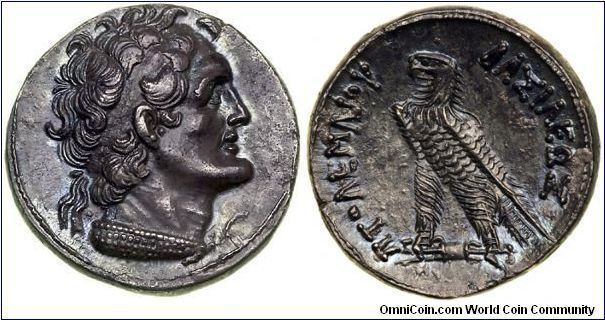 Ptolemy VI, AR Tetradrachm 12.8 gm, probably Phoenician or Palestinian mint. 180-145 B.C.E Not in SNG Cop. or BMC. Superb Extremely Fine, very high relief. Ex Shirley Barr Sage Collection (Goldberg auctions). Published in her book, Thirty Pieces of Silver, Coin # 95.