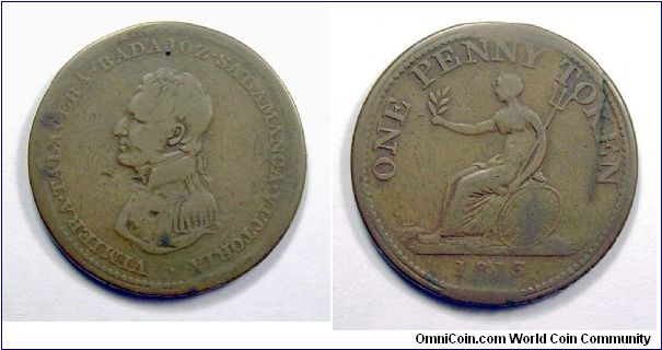 Wellington - 1 Penny token.
Rare token striked for Spain and then circulating in Canada. Copper - mm. 34