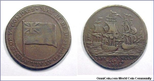 Cape St. Vincent and Adm Jervis - Halfpenny token.
On the edge: Valentine presented to Spain by Adm. Jervis. Copper - Mm 28