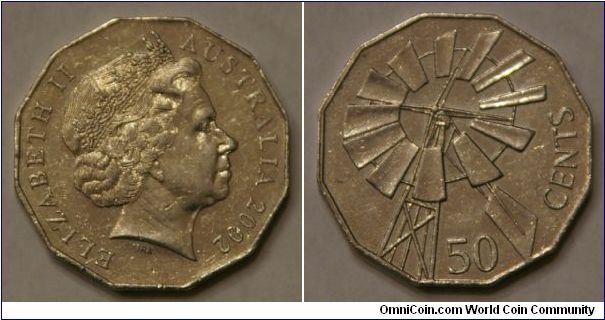 50 cents, windmill (year of the outback). 12 sided coin
