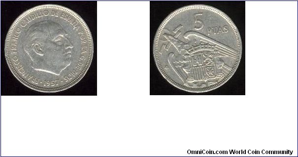 1957(60) 5 Pesetas.  Copper Nickel.  KM# 786.