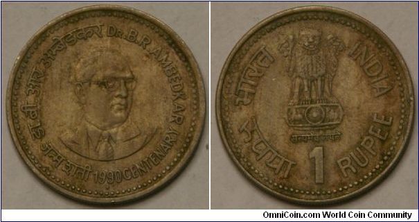 1 Rupee. Dr. B. R. Ambedkar Centenary, with the lion capital from the Sarnath pillar of Ashoka (national emblem of India) 26 mm, Cu-Ni (ref http://www.joelscoins.com/india.htm)