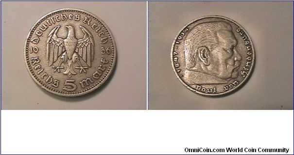 German Third Reich

DEUTSCHES REICH 5 REICH MARK
PAUL VON HINDENBURG 1847-1934
1936-D
0.900 silver