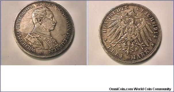 German Empire-Prussia
WILHELM II DEUTSCHER KAISER KONIG VON PREUSSEN
DEUTCHES REICH DREI MARK (3)
0.900 silver
1914-a