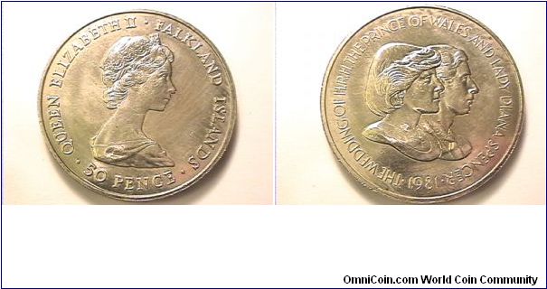 QUEEN ELIZABETH II FALKLAND ISLANDS 50 PENCE
THE WEDDING OF HRH THE PRINCE OF WALES AND LADY DIANA SPENCER 1981
copper-nickel