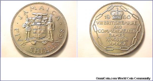 JAMAICA FIVE SCHILLINGS
1966 VIII BRITISH EMPIRE AND COMMONWEALTH GAMES KINGSTON JAMAICA
copper-nickel