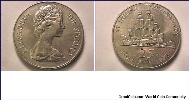 ELIZABETH THE SECOND
ST HELENA TERCENTENARY
1673-1973
25 PENCE
copper-nickel