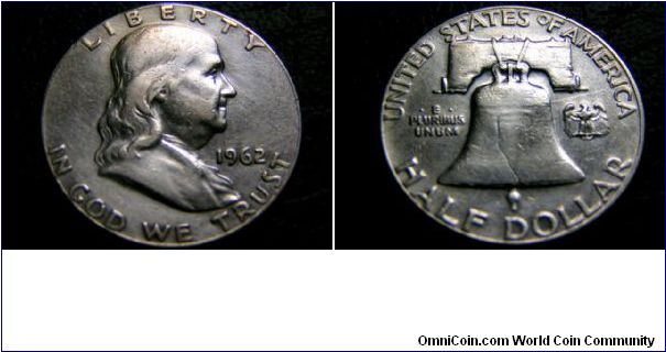 Silver 1962 Half Dollar. Franklin & Liberity Bell