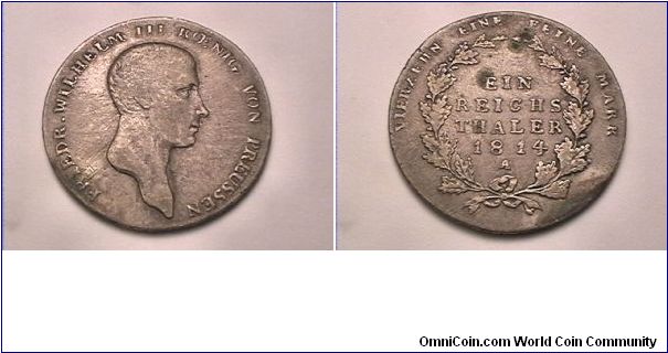 FRIEDR WILHELM III KOENIG VON PREUSSEN
VIERZEUN EINE FEINE MARK EIN REICHS THALET 1814-A
0.7500 silver