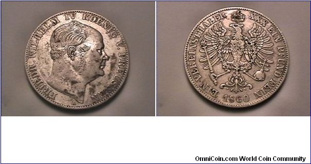 FRIEDR WILHELM IV KOENIG V PREUSSEN
EIN VEREINSTHALER XXX EIN PFUND FEIN
1860-A
0.900 silver