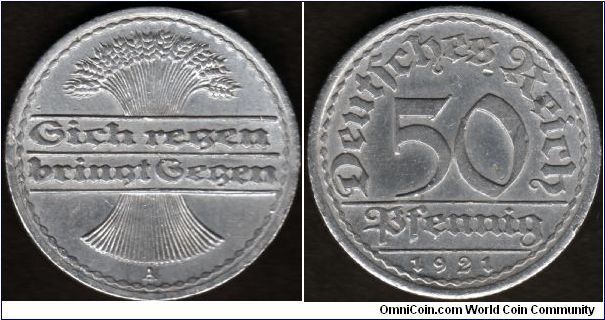 1921 Deutfches Reich 50 Pfennig

Mint: A

Aluminum