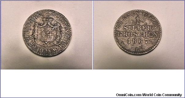 GERMAN STATE-WALDECK-PYRMONT
FURSTENTHUM
30 EINEN THALER
1 SILBER GROSCHEN
1867-B
0.2220 sILVER