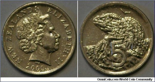 5 cents, image of the Tuatara Reptile, 19.5 mm, Cu-Ni