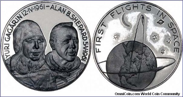 Yuri Gagarin & Alan B. Shephard on obverse of palladium 'First Flights in Space' medallion, part of a set of 5 issued in 1969.