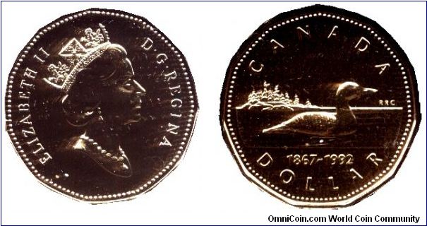 Canada, 1 dollar, 1992, Ni-Bronze, Queen Elizabeth II, Common Loon, 1867-1992, 125th Anniversary of Canada, part of set KM SS77.                                                                                                                                                                                                                                                                                                                                                                                    