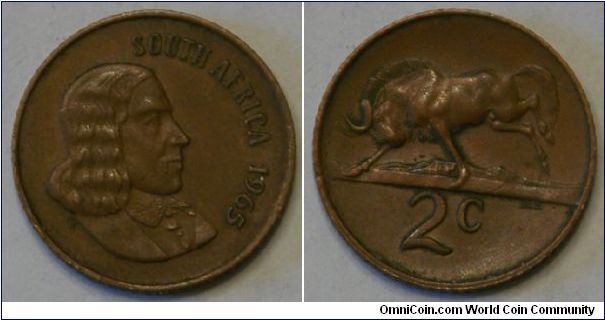2 cents, with wildebeest and Portrait of Jan van Riebeeck (1619-1677), Dutch colonial administrator and founder of Cape Town, 22.5 mm, bronze (ref http://en.numista.com/catalogue/pieces3402.html)