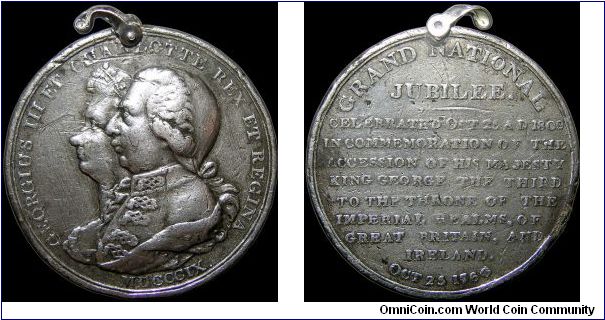 King George III Enters the Fiftieth Year of His Reign, Great Britain.

Though rare in silver this example has experienced a bit too much love in its time.                                                                                                                                                                                                                                                                                                                                                        