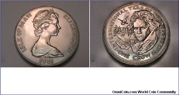 ELIZABETH II ISLE OF MAN
INTERNATIONAL YEAR OF THE DISABLED ONE CROWN, Bethoven
copper-nickel