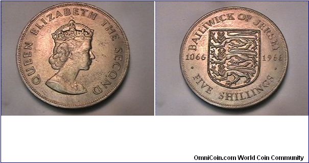 QUEEN ELIZABETH THE SECOND
BAILWICK OF JERSEY 1066-1966 FIVE SHILLINGS.
copper-nickel