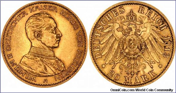 Uniformed bust of Kaiser Wilhelm II on Prussian 20 marks of 1913. This type was only issued from 1913 to 1915 inclusive.