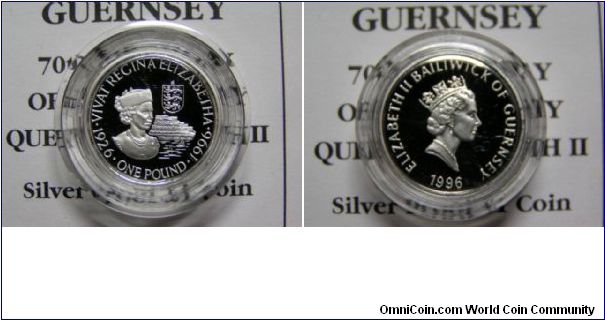 Silver one pound proof, Queen Mother 70 years.