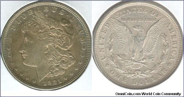 1921 American Silver Morgan Dollar.
 Obverse is nicely toned, although you cannot see it in the scan.