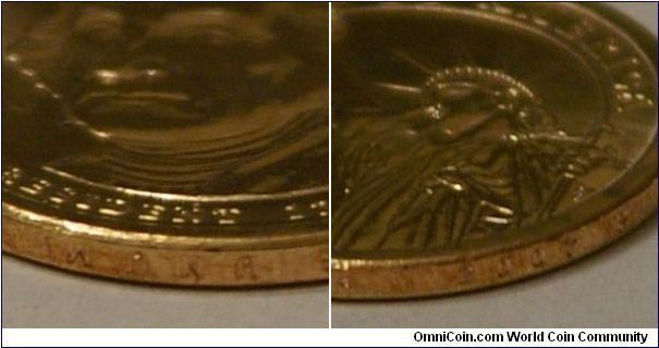 Edge writing on new dollar coins.  This coin shown has the writing upside-down.  Hard to read even with good eyes. (obverse shows UNUM upside-down, reverse shows 2007 P)