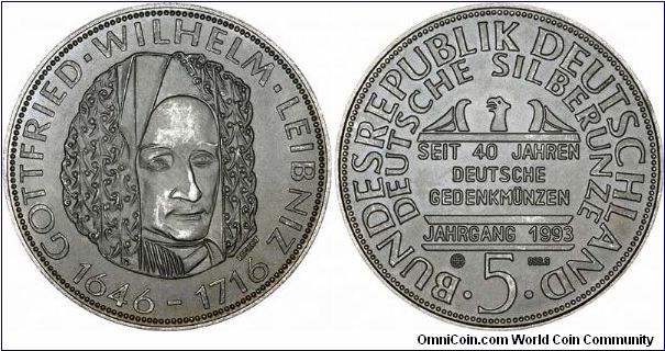Gottlieb Wilhelm Liebnitz, 1646 - 1716 on a one ounce silver medallion, one of a series of famous Germans, featuring nicely engraved portraits, and reverses in the style of previous issues of German coins.