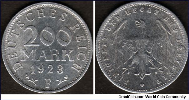 1923 Deutsches Reich 200 Mark

Mint: F

Aluminum