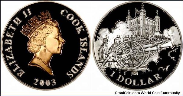 Royal Gun Salutes on Reverse of 2003 Cook Islands Golden Jubilee Silver Proof Dollar.