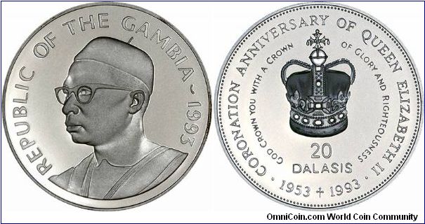 President Dawda Jawara on obverse of silver proof 20 Dalasis, issued for the 40th anniversary of Queen Elizabeth II's Coronation in 1953.