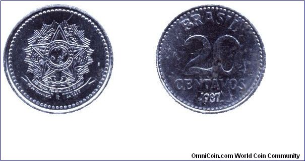 Brazil, 20 centavos, 1987, Steel.                                                                                                                                                                                                                                                                                                                                                                                                                                                                                   