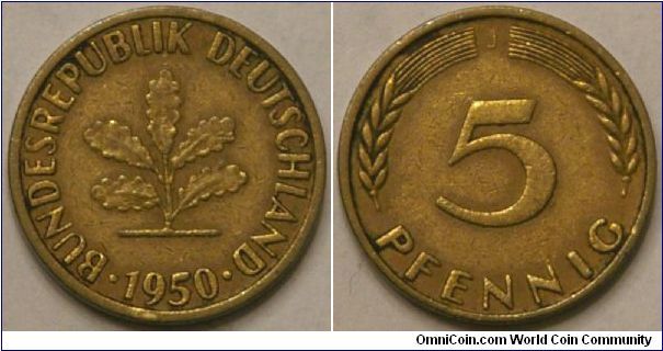 5 pfennig, 1950 J, brass-steel