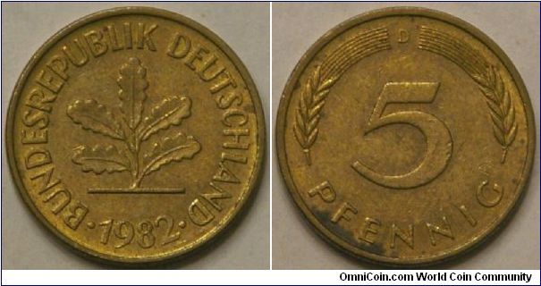 5 pfennig, 1982 D, brass clad steel, 18.5 mm