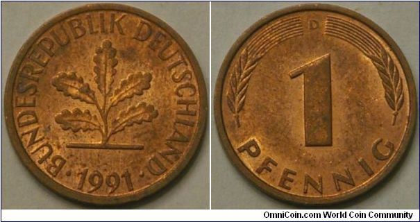 1 pfennig, 1991 D, 17 mm, bronze-steel