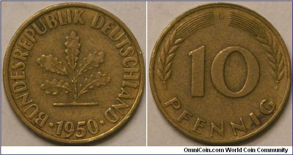 10 pfennig, 1950 D, 21.5 mm, brass-steel
