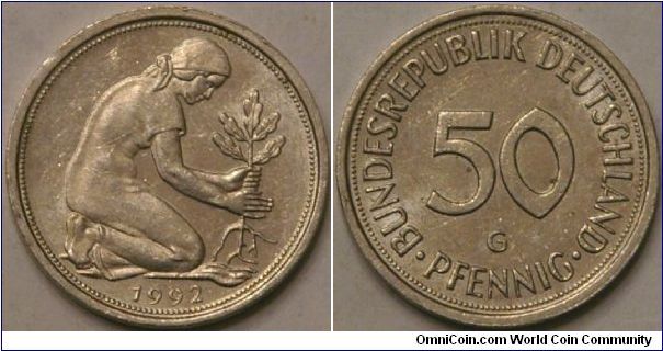 50 pfennig, 1992 G, 20 mm
