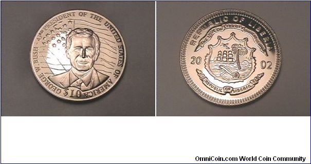 GEORGE W BUSH 43RD PRESIDENT OF THE UNITED STATES OF AMERICA $10
REPUBLIC OF LIBERIA 2002
.999 silver