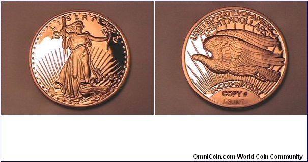Copy of the 1933 20 Dollar Gold piece. clad, and plated in 24kt gold. #GS0107