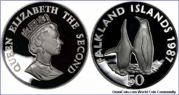 King Penguins on reverse of silver proof 50 Pence crown, part of 1986/7 WWF collection.