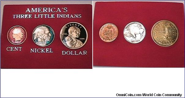 Enameled 1887 Indian Head Cent, Buffalo Nickel and Sac Dollar. Cent & Nickel fine, dollar unc