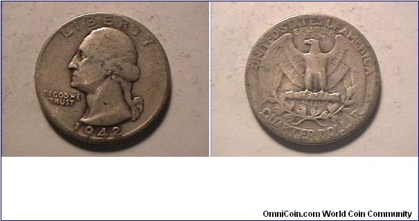 US 1942 WASHINGTON QUARTER DOLLAR. 0.900 silver