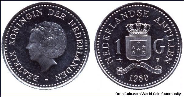 Netherlands Antilles, 1 gulden, 1980, Ni, Beatrix Koningin der Nederlanden.                                                                                                                                                                                                                                                                                                                                                                                                                                         