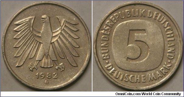 5 deutsche mark, 1982 G, 29 mm, Cu-Ni