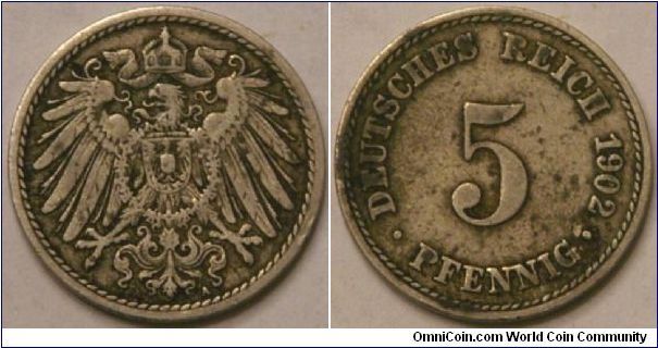 German Empire, 5 pfennig, 1902 A, 18 mm, Cu-Ni